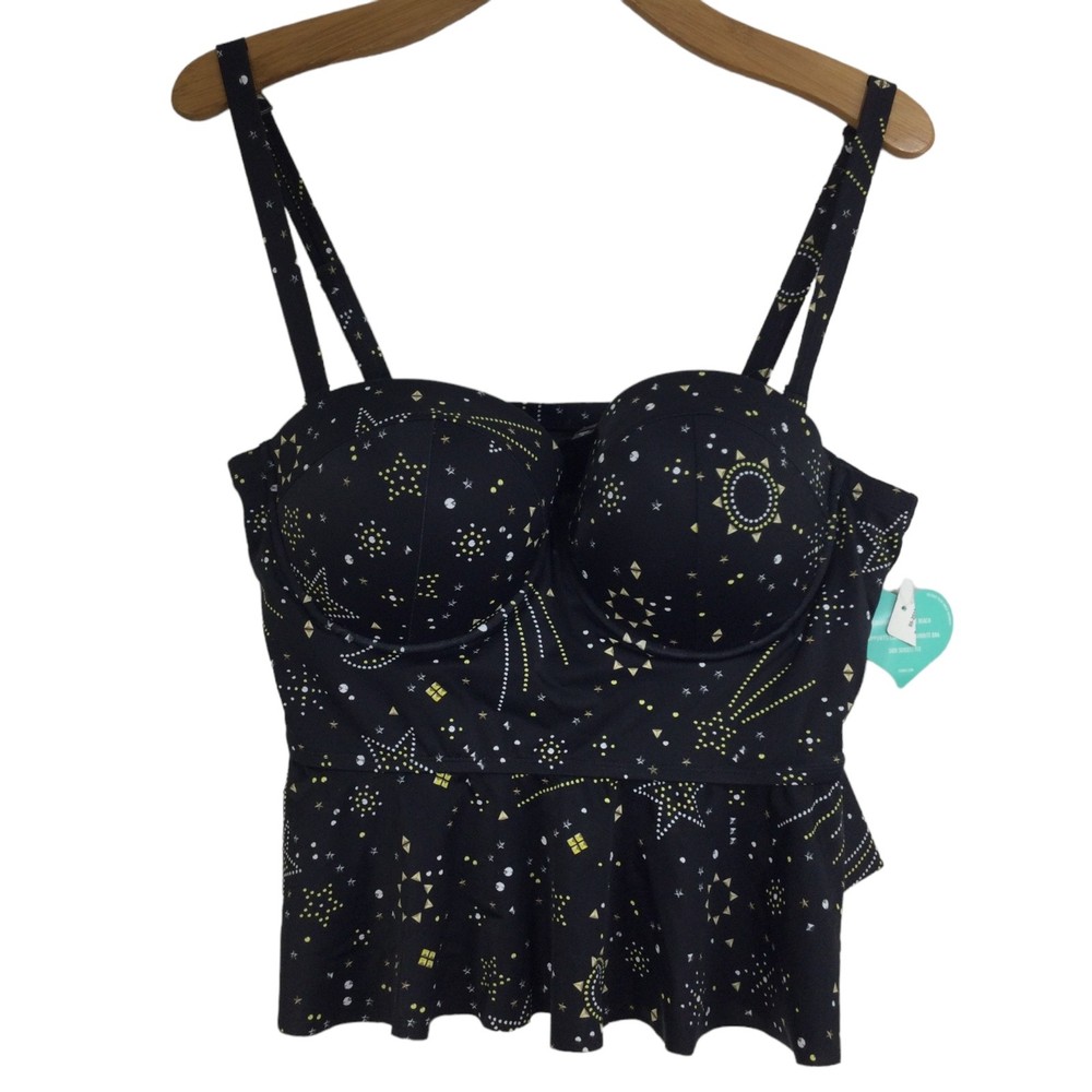 Torrid Womens Celestial Underwire Strap Padded Tankini Swim Top Black Size 2X